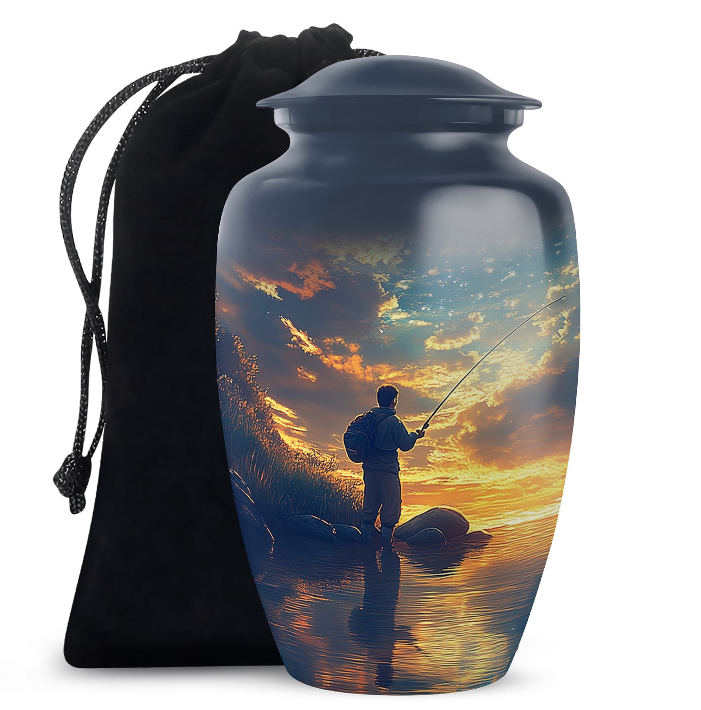Twilight Blue Fishing Cremation Urn angled view of lid and engraved motif - traditional fishing engraving with hand-polished finish - full-size 10 inch 200 cubic inch adult cremation urn