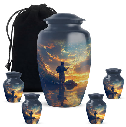 Pastel Blue Fishing Cremation Urn top-down view of secure threaded lid - timeless fishing motif etched into premium metal - memorial set with one large and four small urns