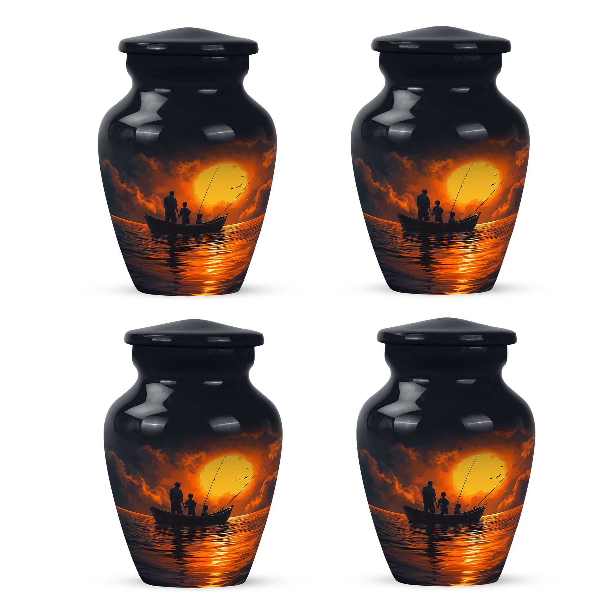 Vivid Blue Fishing Cremation Urn side profile showing urn shape - elegant classic fishing relief with fine detailing - 10 inch aluminum urn for cremated remains