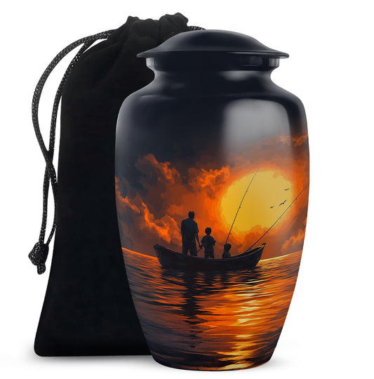Royal Blue Fishing Cremation Urn angled view of lid and engraved motif - traditional fishing engraving with hand-polished finish - full-size 10 inch 200 cubic inch adult cremation urn