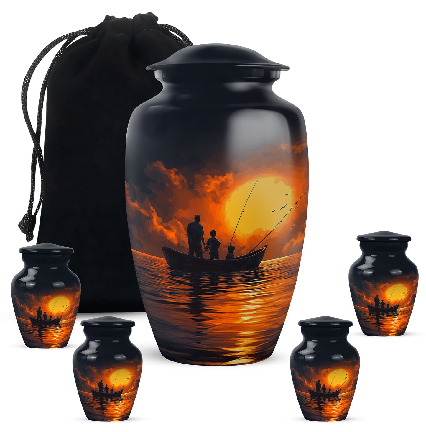Twilight Blue Fishing Cremation Urn top-down view of secure threaded lid - traditional fishing engraving with hand-polished finish - memorial set with one large and four small urns