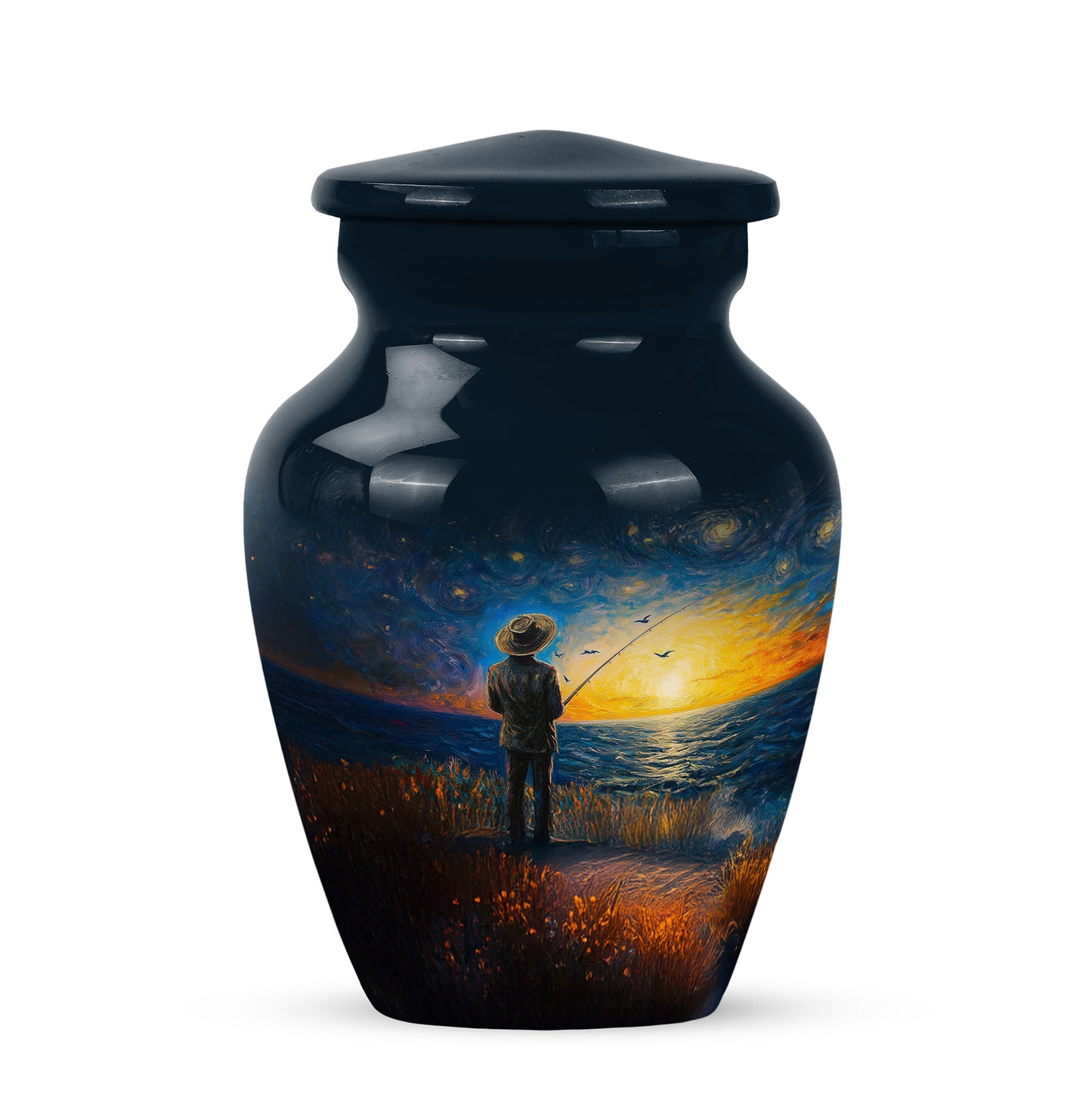 Personalized Blue Steadfast Fishing Cremation Urns for Human Ashes - 10-inch, 200 cu in - Yatskia