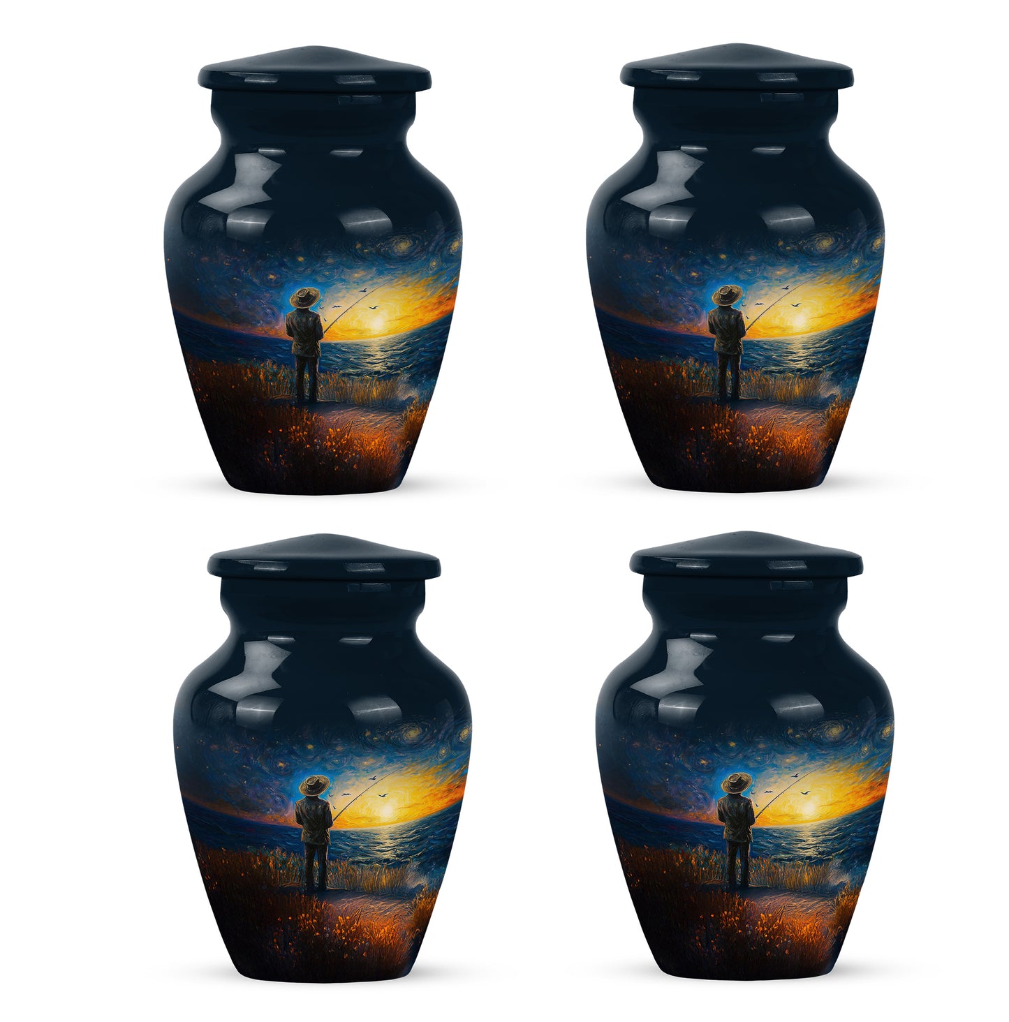 Royal Blue Fishing Cremation Urn side profile showing urn shape - traditional fishing engraving with hand-polished finish - 10 inch aluminum urn for cremated remains