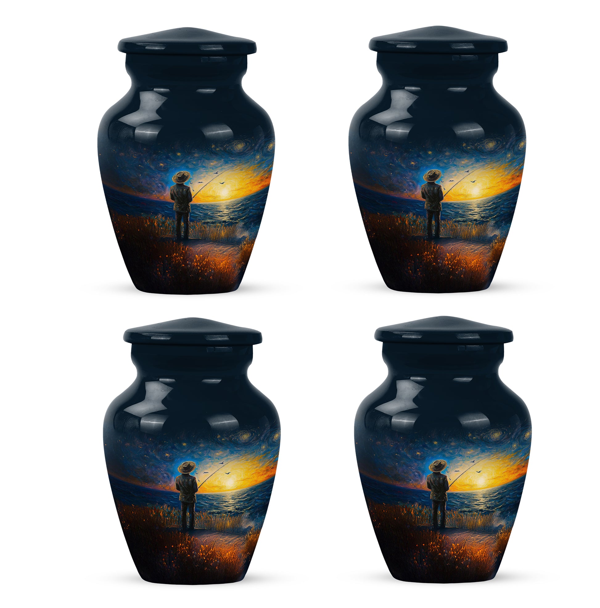 Royal Blue Fishing Cremation Urn side profile showing urn shape - traditional fishing engraving with hand-polished finish - 10 inch aluminum urn for cremated remains