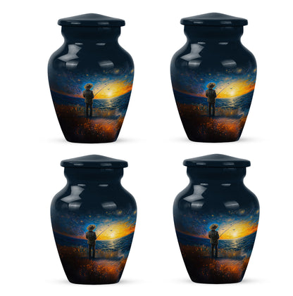 Royal Blue Fishing Cremation Urn side profile showing urn shape - traditional fishing engraving with hand-polished finish - 10 inch aluminum urn for cremated remains