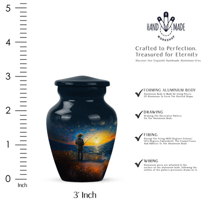 Azure Fishing Cremation Urn close-up of engraving and surface detail - timeless fishing motif etched into premium metal - mini keepsake memorial for portion of cremation ashes