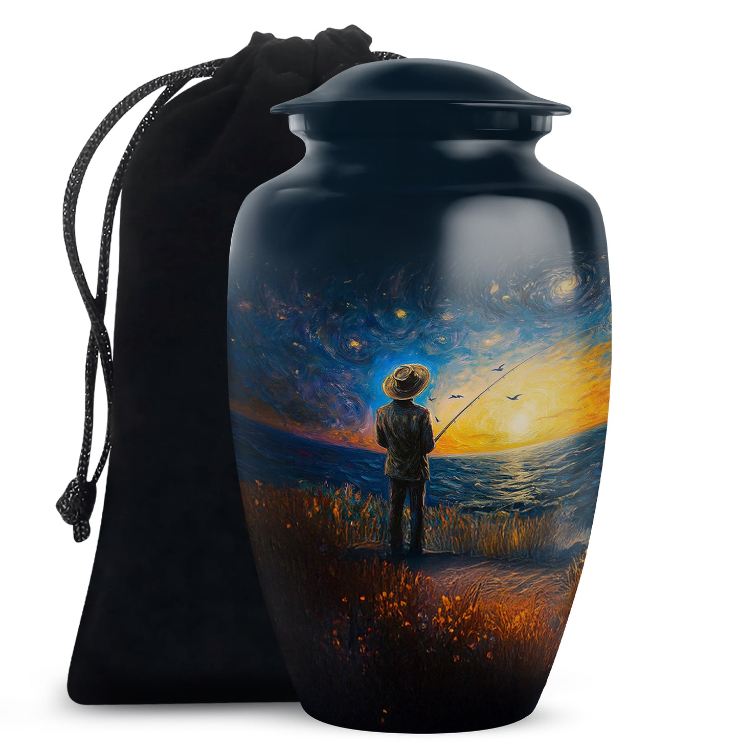 Bright Blue Fishing Cremation Urn angled view of lid and engraved motif - elegant classic fishing relief with fine detailing - full-size 10 inch 200 cubic inch adult cremation urn