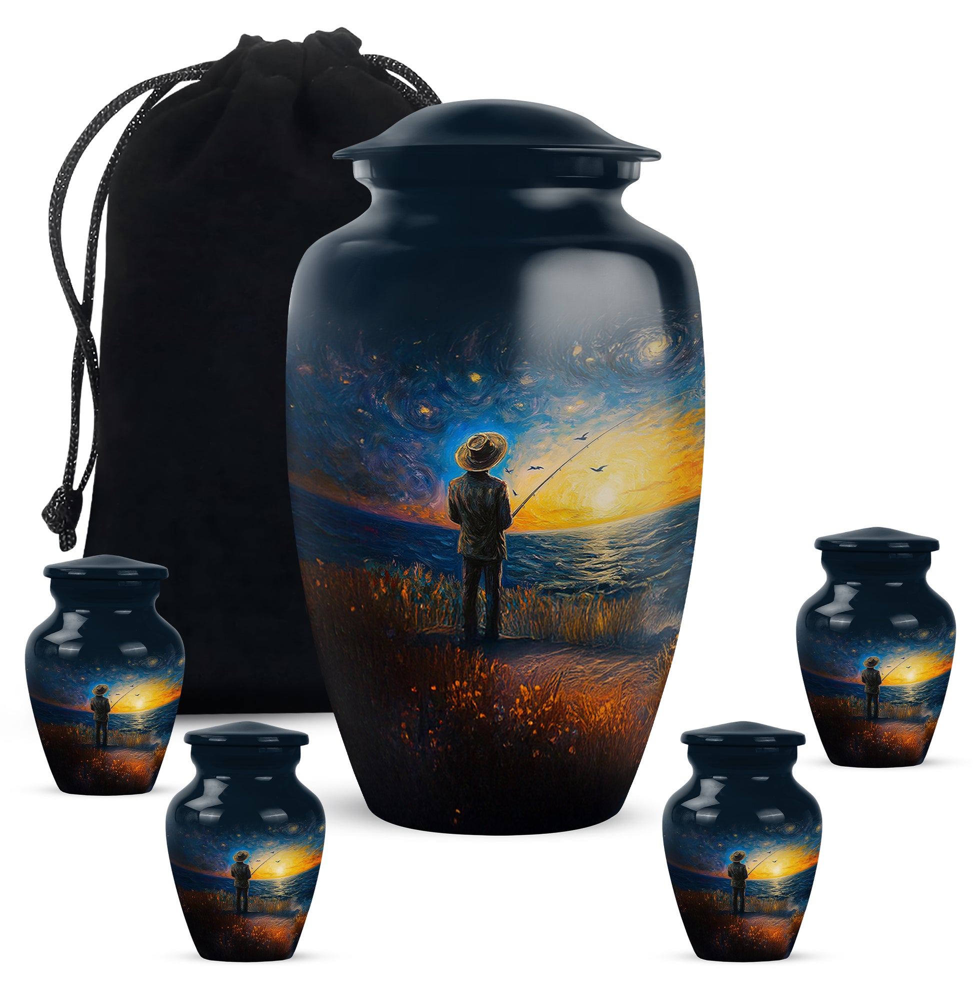 Bright Blue Fishing Cremation Urn top-down view of secure threaded lid - elegant classic fishing relief with fine detailing - memorial set with one large and four small urns