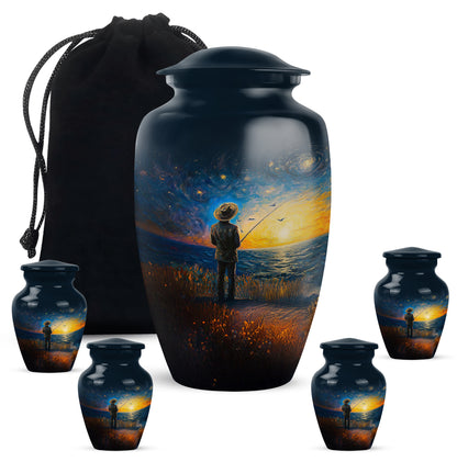 Bright Blue Fishing Cremation Urn top-down view of secure threaded lid - elegant classic fishing relief with fine detailing - memorial set with one large and four small urns