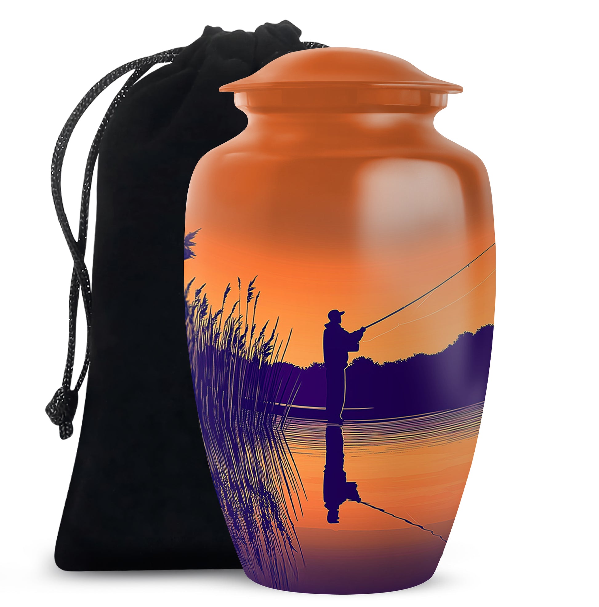 Champagne Gold Fishing Cremation Urn angled view of lid and engraved motif - classic sculpted fishing pattern on smooth aluminum - full-size 10 inch 200 cubic inch adult cremation urn