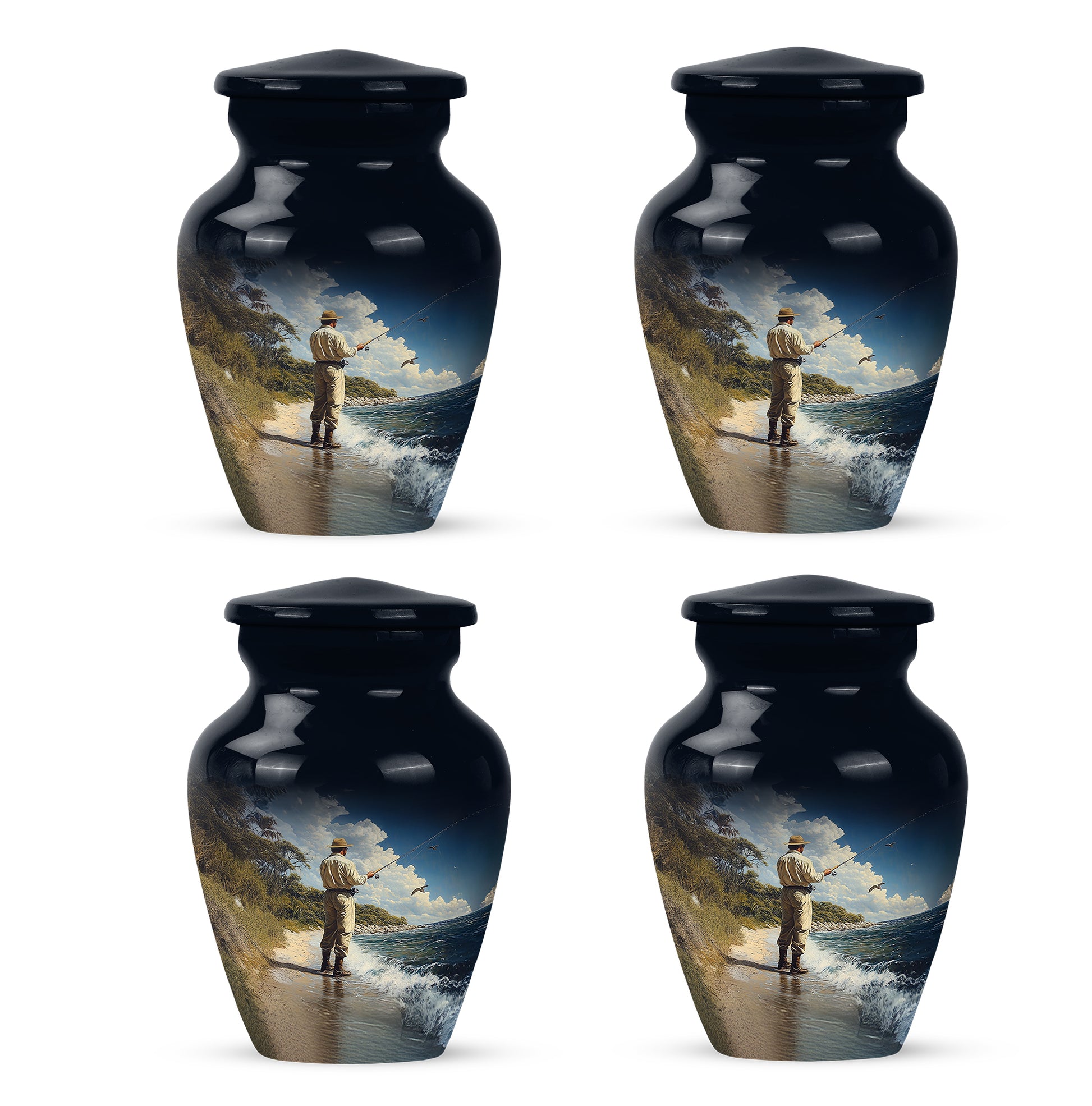 Dusty Blue Fishing Cremation Urn side profile showing urn shape - timeless fishing motif etched into premium metal - 10 inch aluminum urn for cremated remains