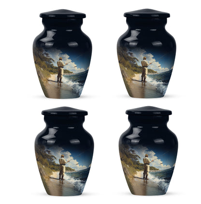 Dusty Blue Fishing Cremation Urn side profile showing urn shape - timeless fishing motif etched into premium metal - 10 inch aluminum urn for cremated remains