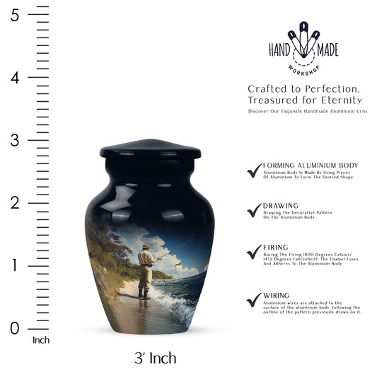 Steel Blue Fishing Cremation Urn close-up of engraving and surface detail - elegant classic fishing relief with fine detailing - mini keepsake memorial for portion of cremation ashes
