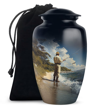 Slate Blue Fishing Cremation Urn angled view of lid and engraved motif - timeless fishing motif etched into premium metal - full-size 10 inch 200 cubic inch adult cremation urn
