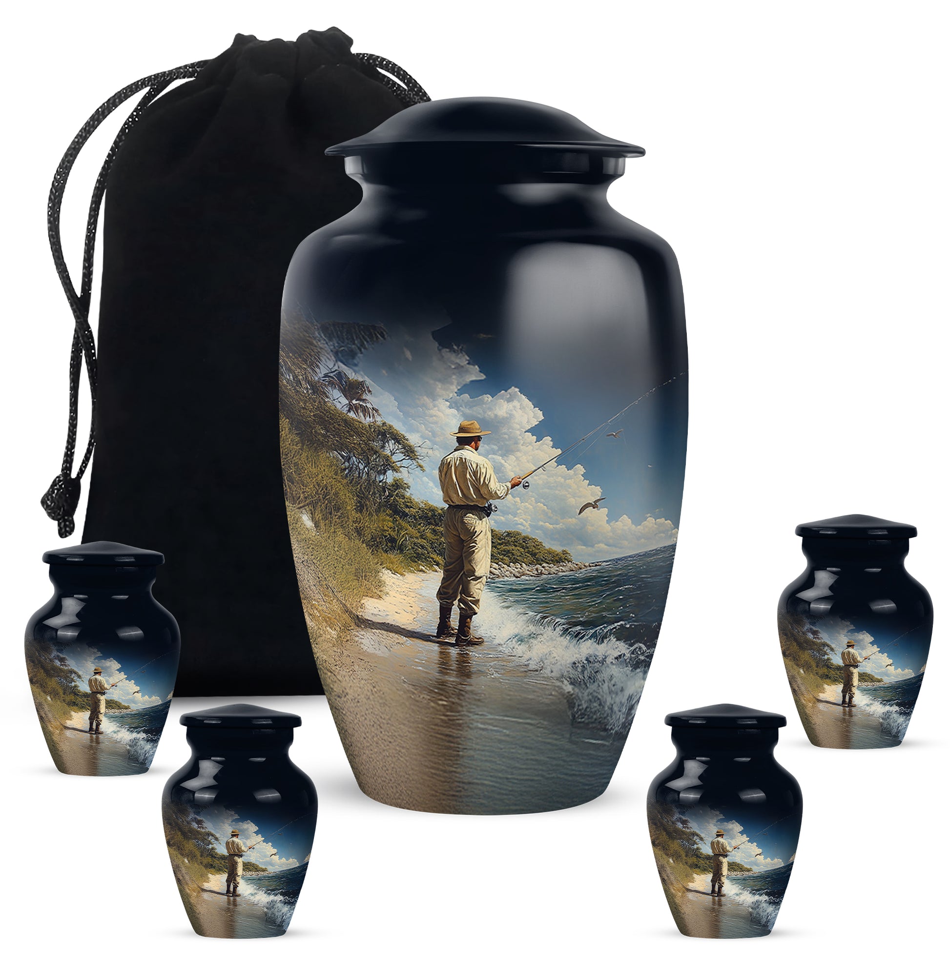 Soft Blue Fishing Cremation Urn top-down view of secure threaded lid - elegant classic fishing relief with fine detailing - memorial set with one large and four small urns