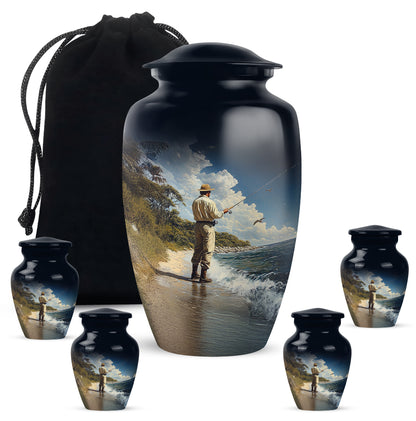 Soft Blue Fishing Cremation Urn top-down view of secure threaded lid - elegant classic fishing relief with fine detailing - memorial set with one large and four small urns