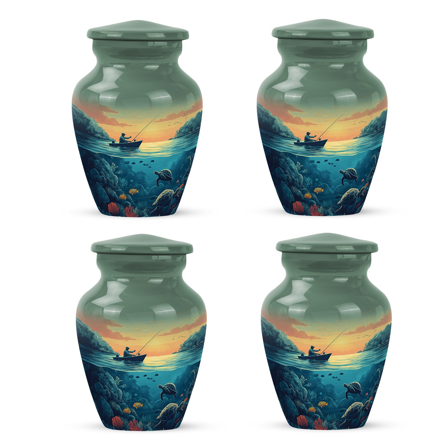 Hunter Green Fishing Cremation Urn side profile showing urn shape - traditional fishing engraving with hand-polished finish - 10 inch aluminum urn for cremated remains