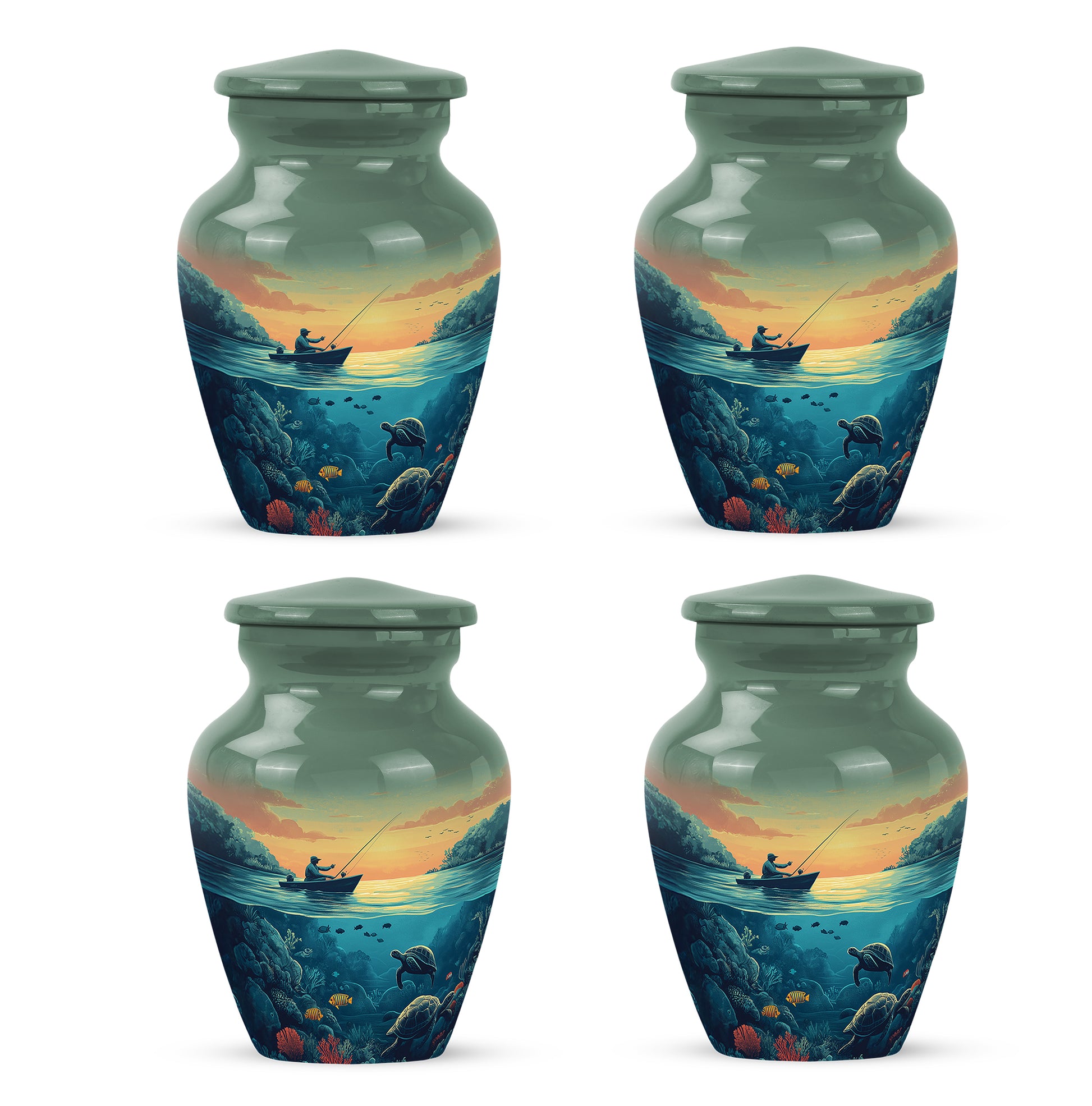 Hunter Green Fishing Cremation Urn side profile showing urn shape - traditional fishing engraving with hand-polished finish - 10 inch aluminum urn for cremated remains