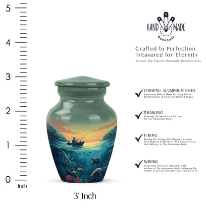Mint Green Fishing Cremation Urn close-up of engraving and surface detail - traditional fishing engraving with hand-polished finish - mini keepsake memorial for portion of cremation ashes