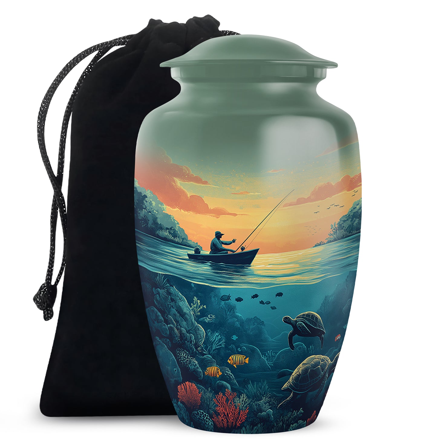 Pine Green Fishing Cremation Urn angled view of lid and engraved motif - elegant classic fishing relief with fine detailing - full-size 10 inch 200 cubic inch adult cremation urn
