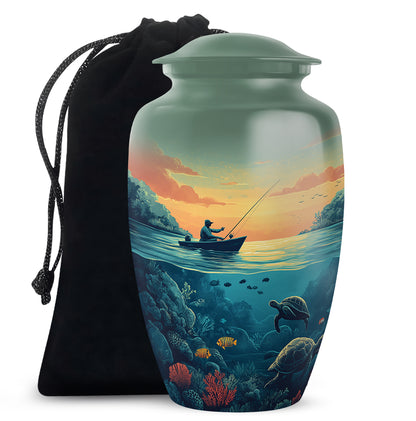 Pine Green Fishing Cremation Urn angled view of lid and engraved motif - elegant classic fishing relief with fine detailing - full-size 10 inch 200 cubic inch adult cremation urn