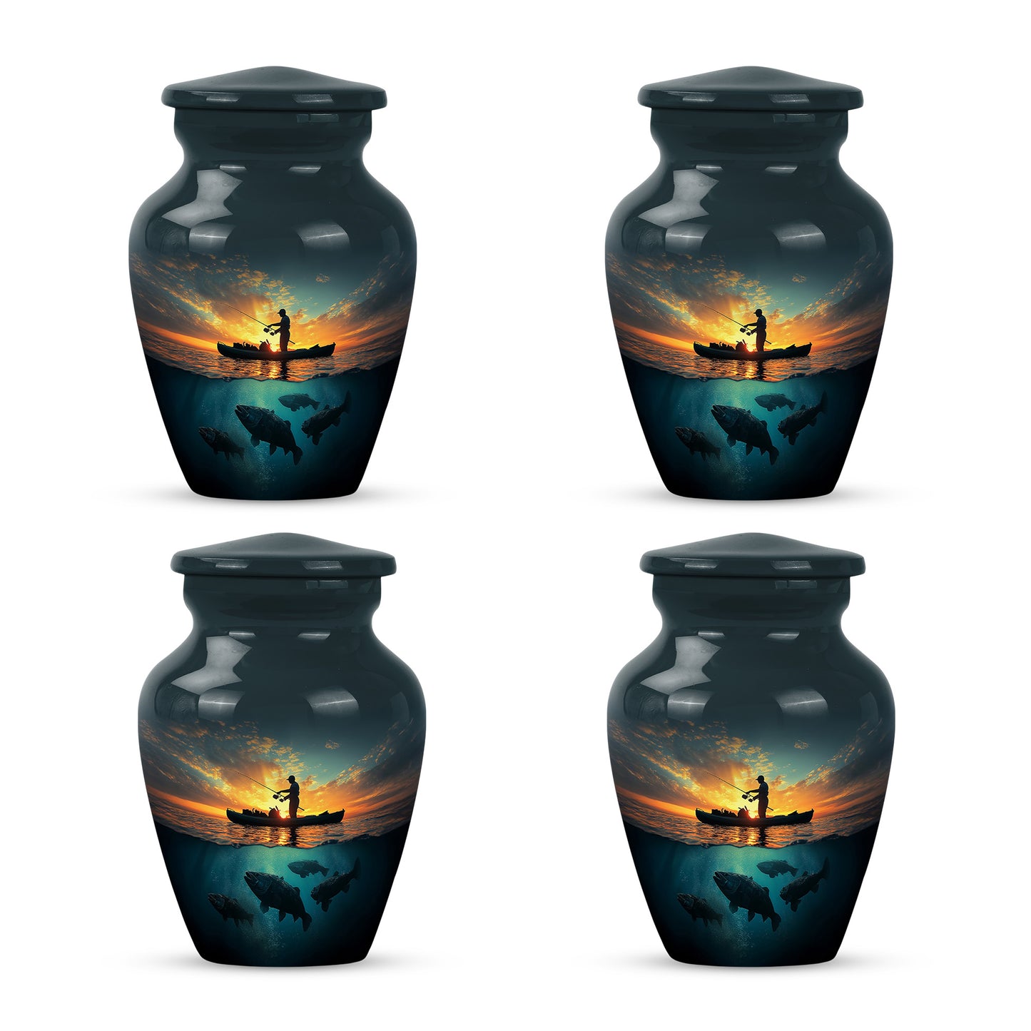Bright Blue Fishing Cremation Urn side profile showing urn shape - elegant classic fishing relief with fine detailing - 10 inch aluminum urn for cremated remains