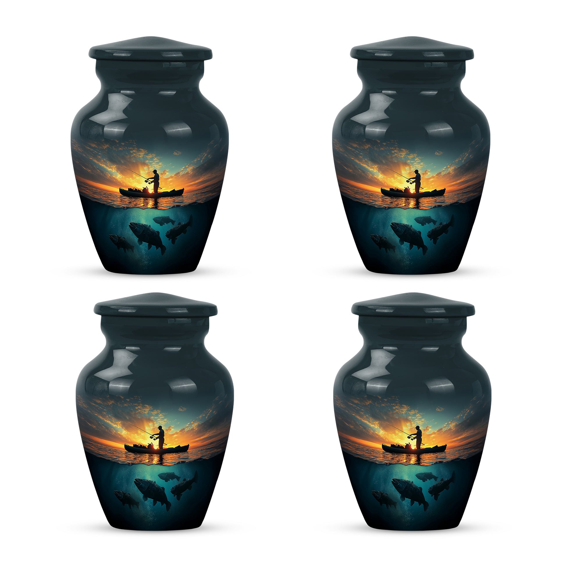 Bright Blue Fishing Cremation Urn side profile showing urn shape - elegant classic fishing relief with fine detailing - 10 inch aluminum urn for cremated remains