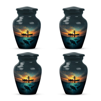 Bright Blue Fishing Cremation Urn side profile showing urn shape - elegant classic fishing relief with fine detailing - 10 inch aluminum urn for cremated remains
