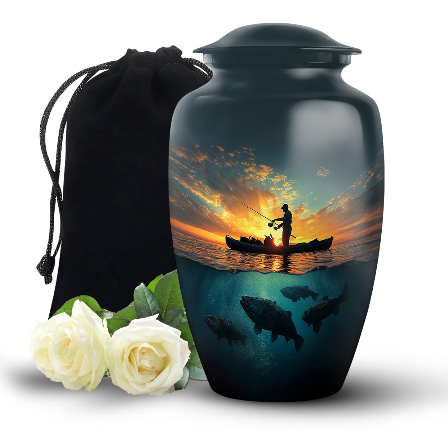 Serene Blue Fishing Cremation Urn angled view of lid and engraved motif - traditional fishing engraving with hand-polished finish - full-size 10 inch 200 cubic inch adult cremation urn