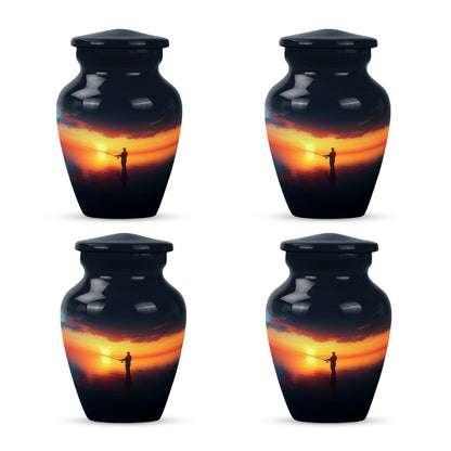 Indigo Fishing Cremation Urn side profile showing urn shape - classic sculpted fishing pattern on smooth aluminum - 10 inch aluminum urn for cremated remains