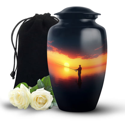 Sapphire Blue Fishing Cremation Urn angled view of lid and engraved motif - elegant classic fishing relief with fine detailing - full-size 10 inch 200 cubic inch adult cremation urn