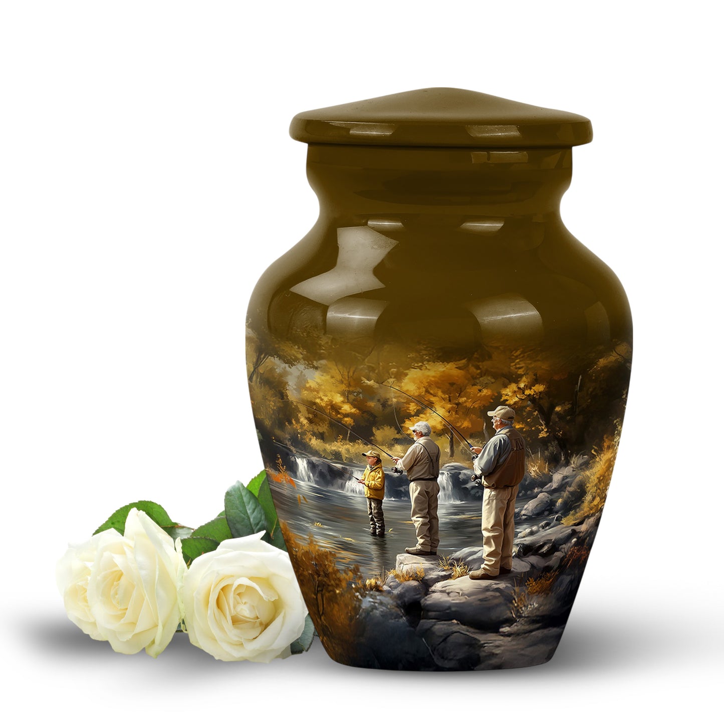 Gold Fishing Haven Cremation Urns for Human Ashes - 10-inch, 200 cu in - Yatskia