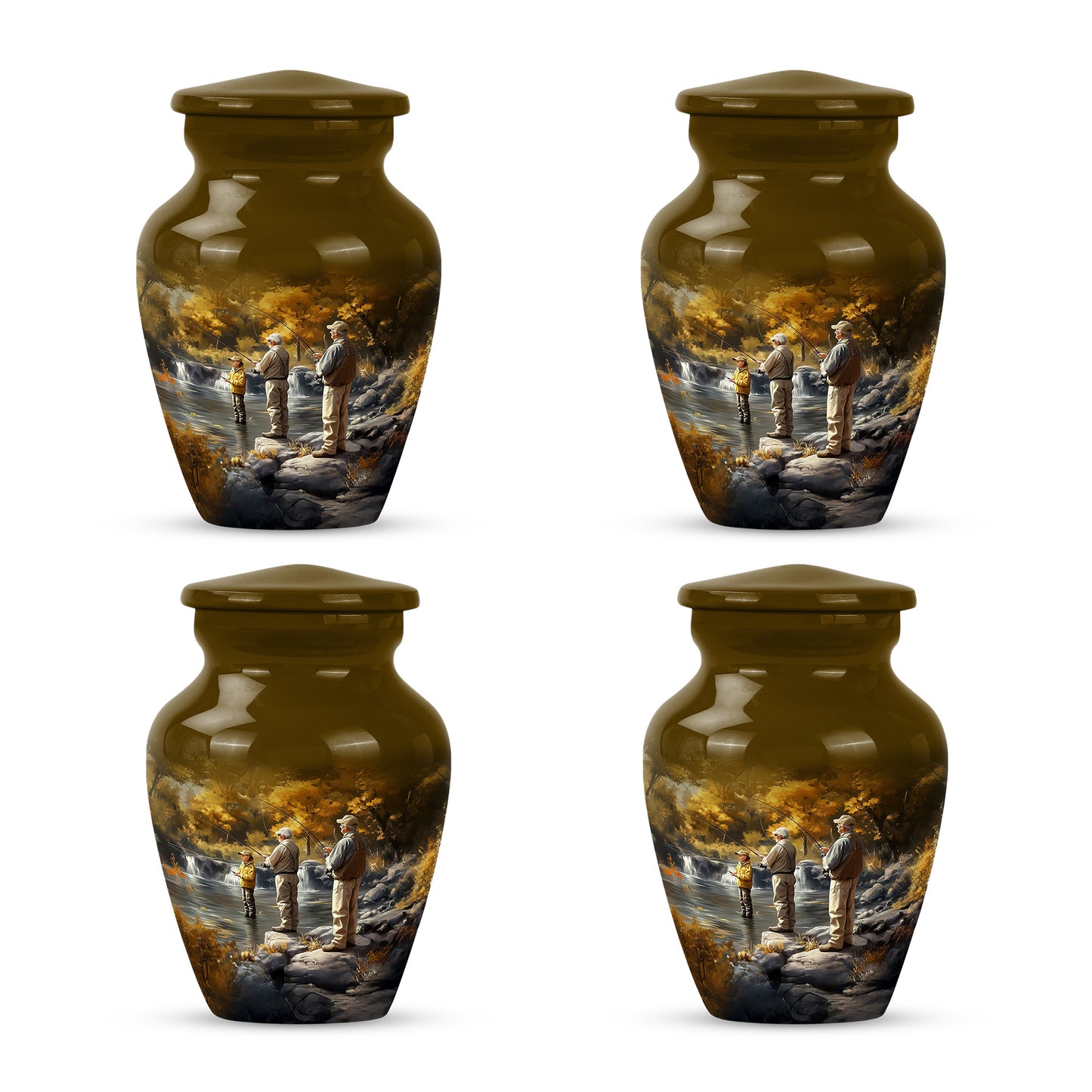 Amber Gold Fishing Cremation Urn side profile showing urn shape - classic sculpted fishing pattern on smooth aluminum - 10 inch aluminum urn for cremated remains