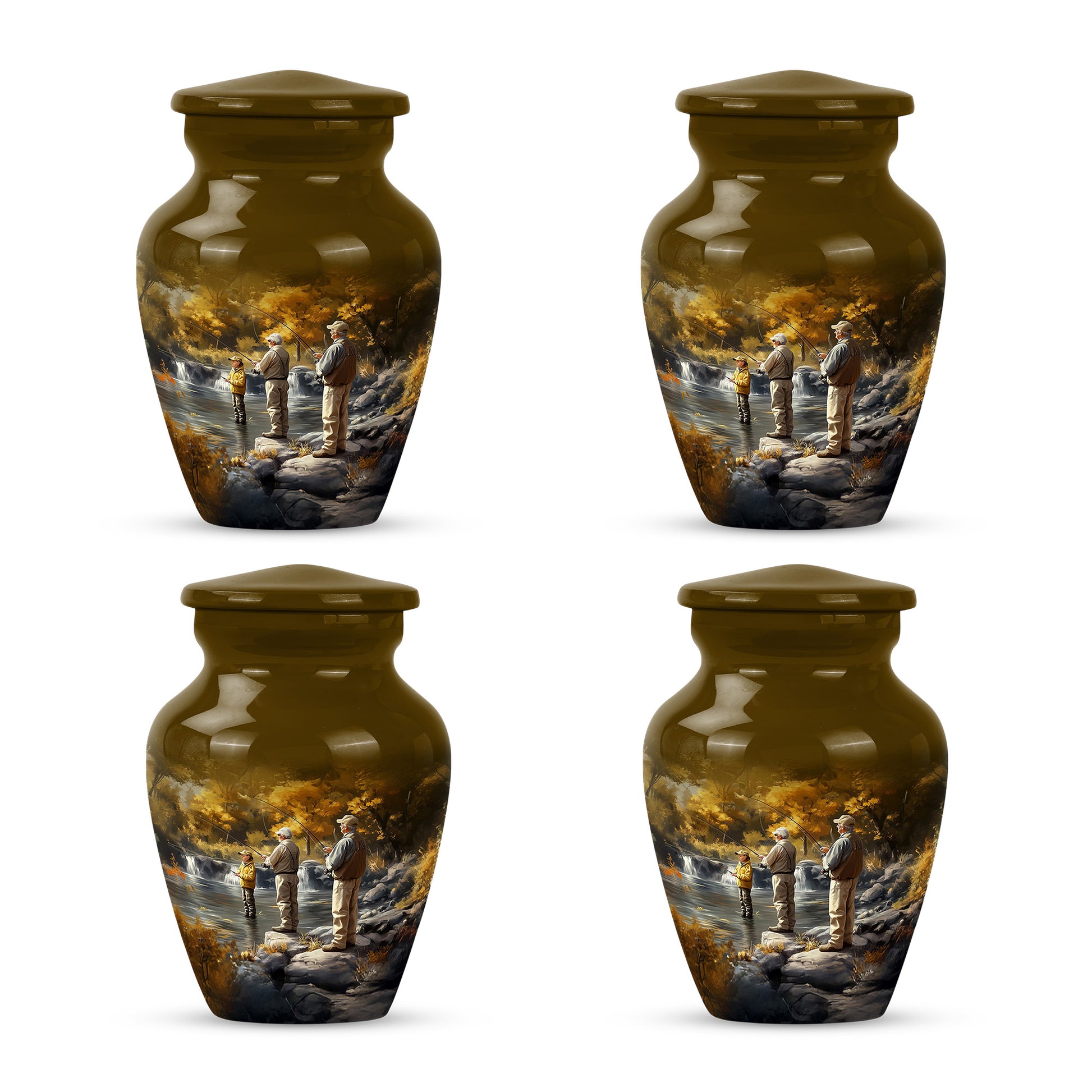 Amber Gold Fishing Cremation Urn side profile showing urn shape - classic sculpted fishing pattern on smooth aluminum - 10 inch aluminum urn for cremated remains