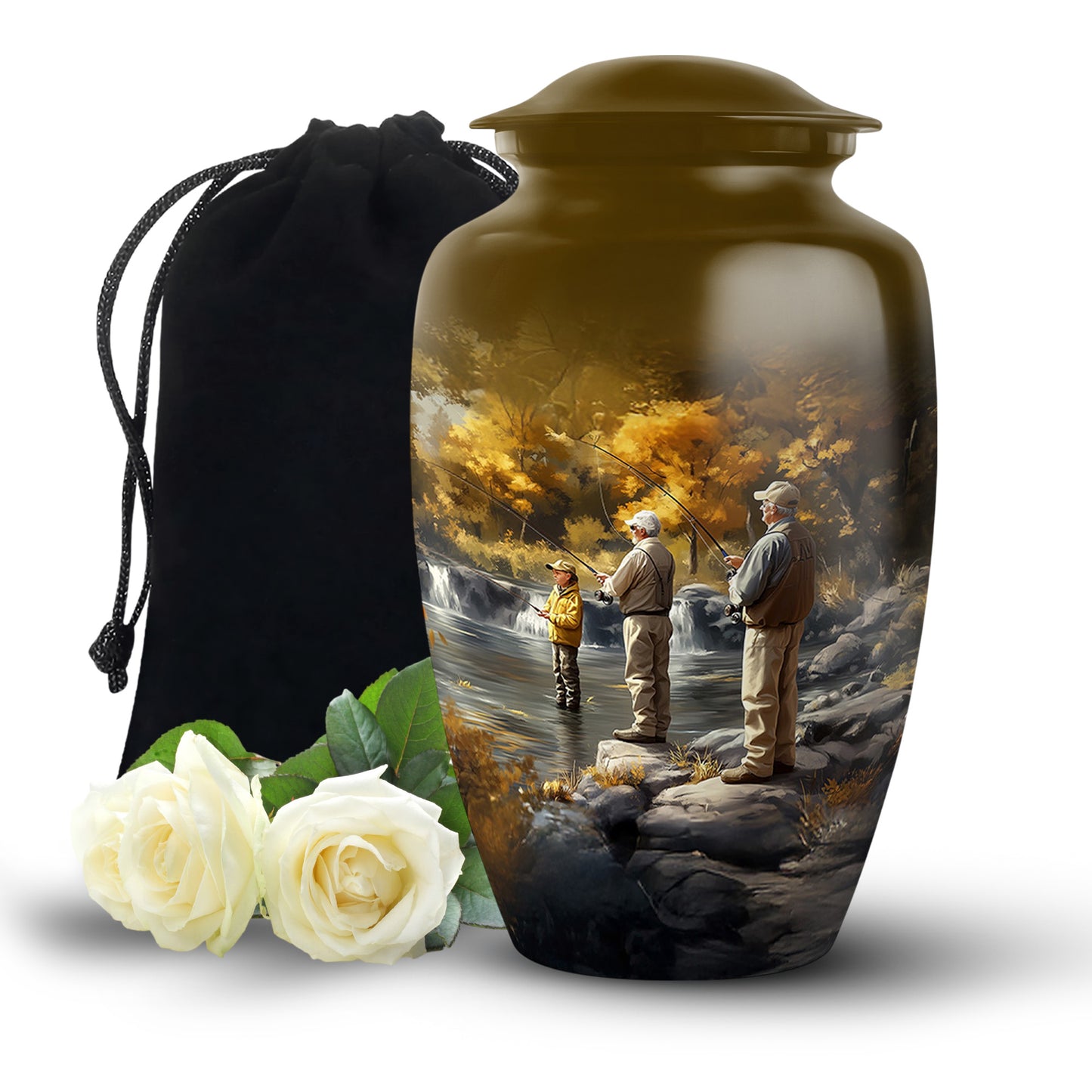 Burnished Gold Fishing Cremation Urn angled view of lid and engraved motif - traditional fishing engraving with hand-polished finish - full-size 10 inch 200 cubic inch adult cremation urn