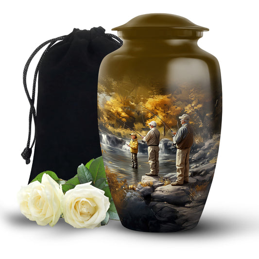 Burnished Gold Fishing Cremation Urn angled view of lid and engraved motif - traditional fishing engraving with hand-polished finish - full-size 10 inch 200 cubic inch adult cremation urn