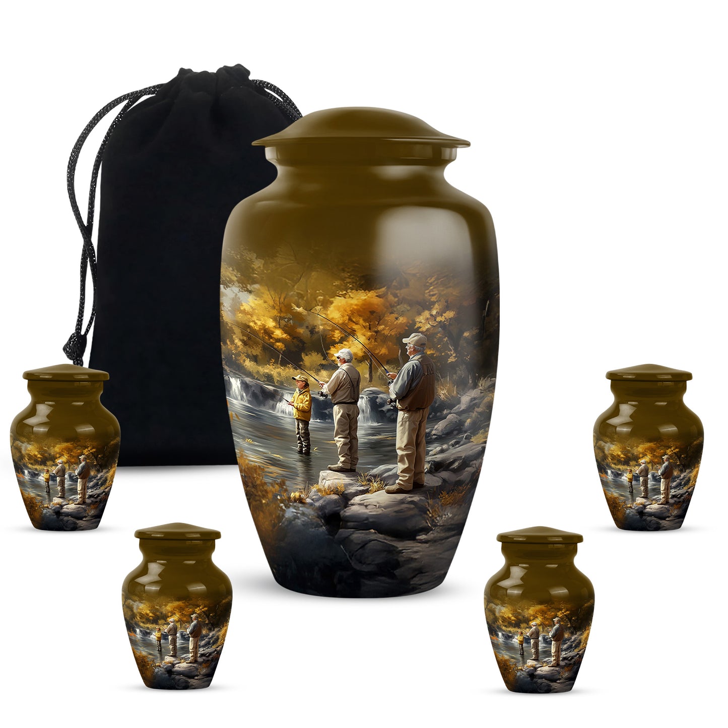 Champagne Gold Fishing Cremation Urn top-down view of secure threaded lid - classic sculpted fishing pattern on smooth aluminum - memorial set with one large and four small urns