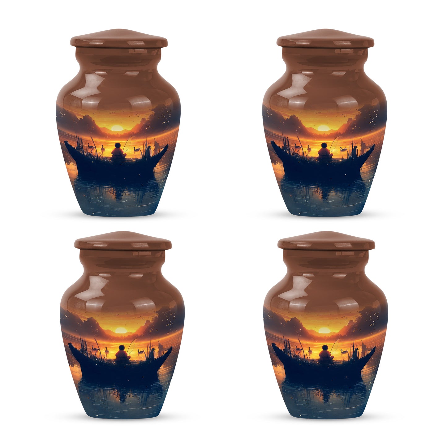 Royal Gold Fishing Cremation Urn side profile showing urn shape - elegant classic fishing relief with fine detailing - 10 inch aluminum urn for cremated remains