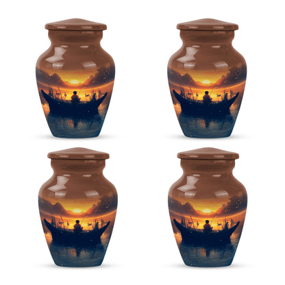 Royal Gold Fishing Cremation Urn side profile showing urn shape - elegant classic fishing relief with fine detailing - 10 inch aluminum urn for cremated remains