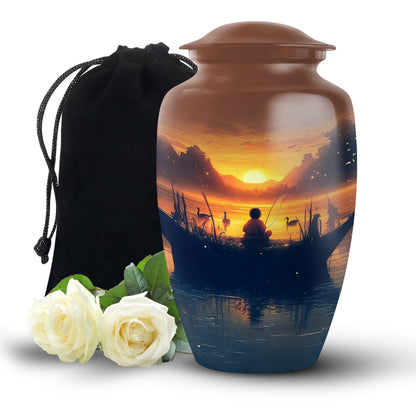 Gilded Gold Fishing Cremation Urn angled view of lid and engraved motif - classic sculpted fishing pattern on smooth aluminum - full-size 10 inch 200 cubic inch adult cremation urn