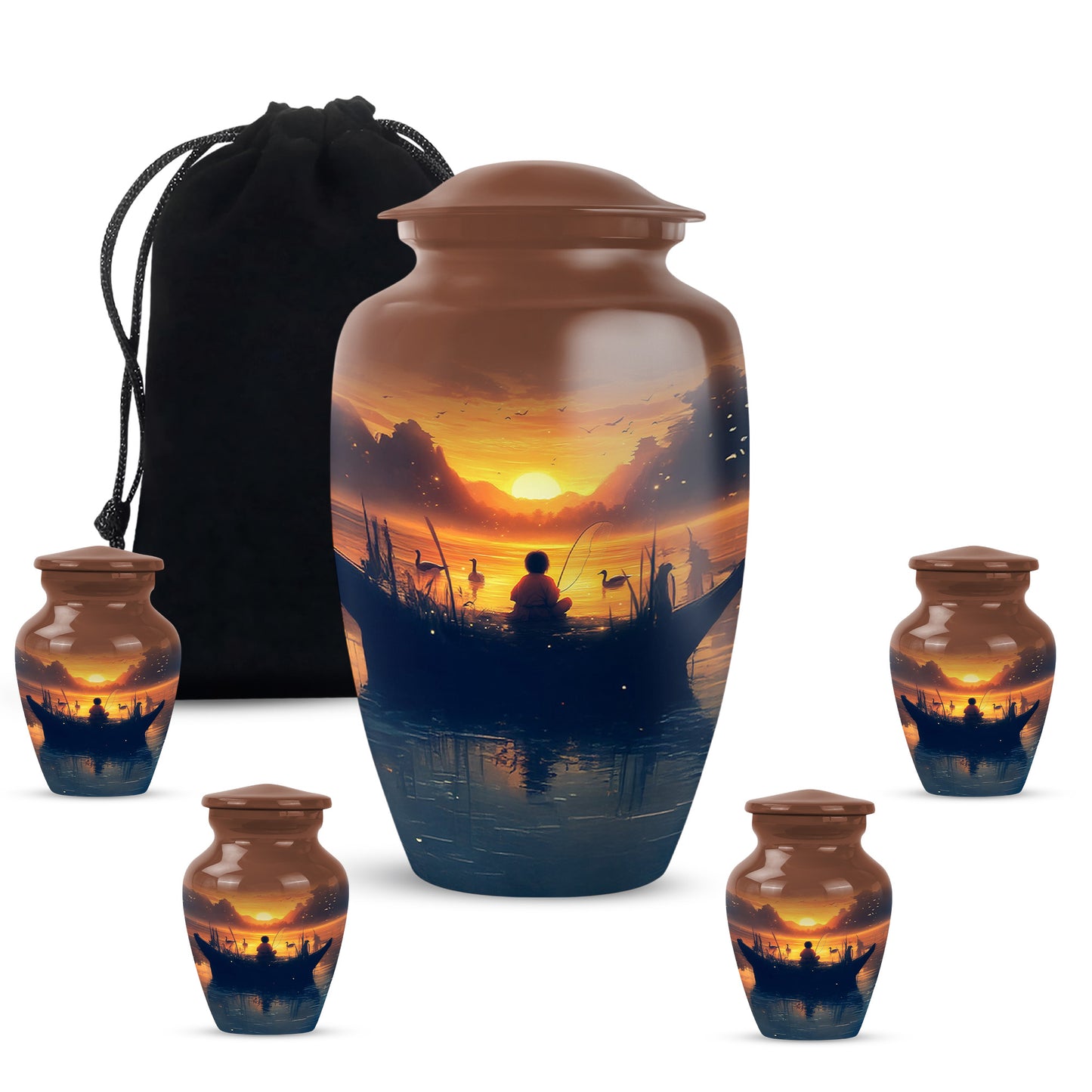 Champagne Gold Fishing Cremation Urn top-down view of secure threaded lid - timeless fishing motif etched into premium metal - memorial set with one large and four small urns
