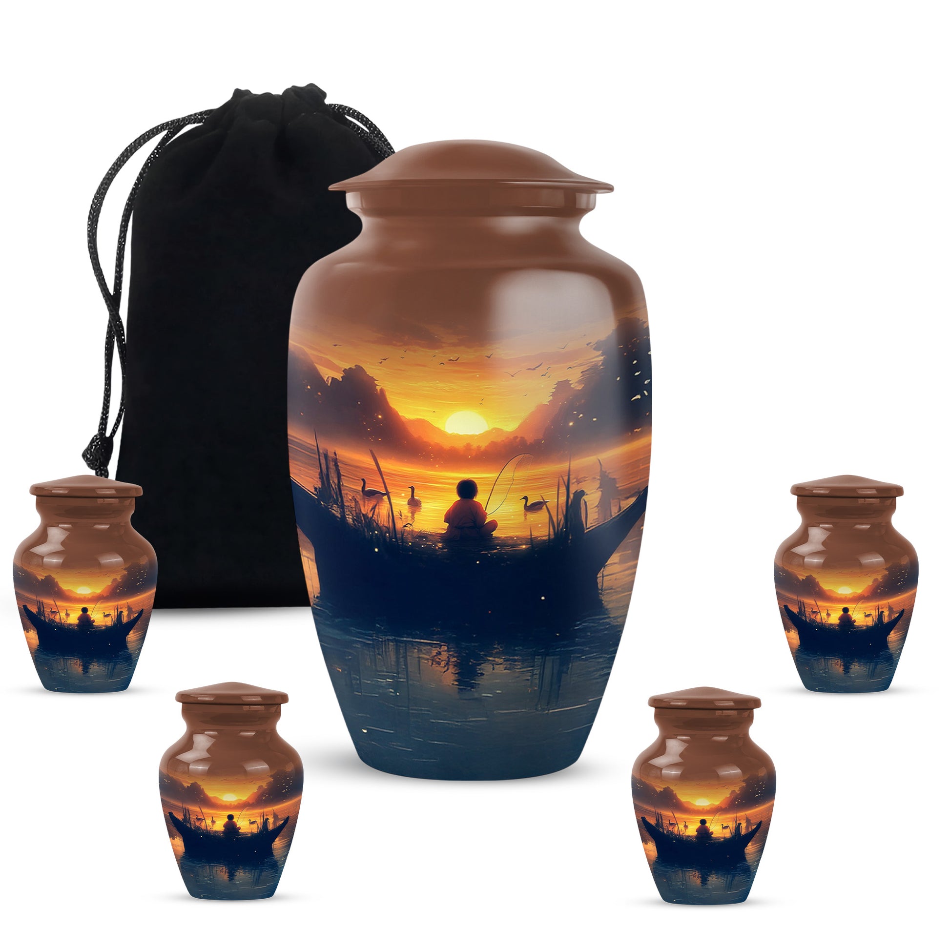 Champagne Gold Fishing Cremation Urn top-down view of secure threaded lid - timeless fishing motif etched into premium metal - memorial set with one large and four small urns