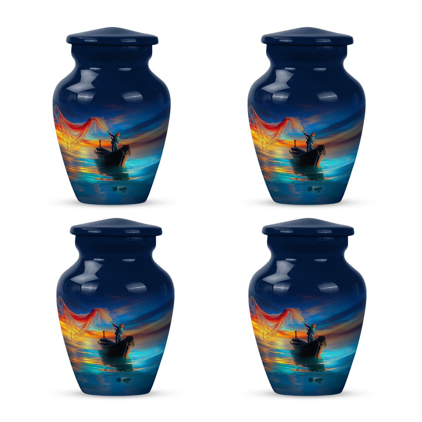 Bright Blue Fishing Cremation Urn side profile showing urn shape - elegant classic fishing relief with fine detailing - 10 inch aluminum urn for cremated remains