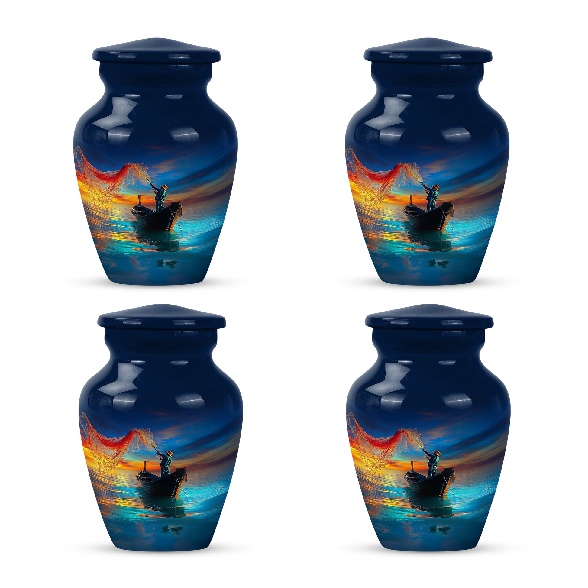 Bright Blue Fishing Cremation Urn side profile showing urn shape - elegant classic fishing relief with fine detailing - 10 inch aluminum urn for cremated remains