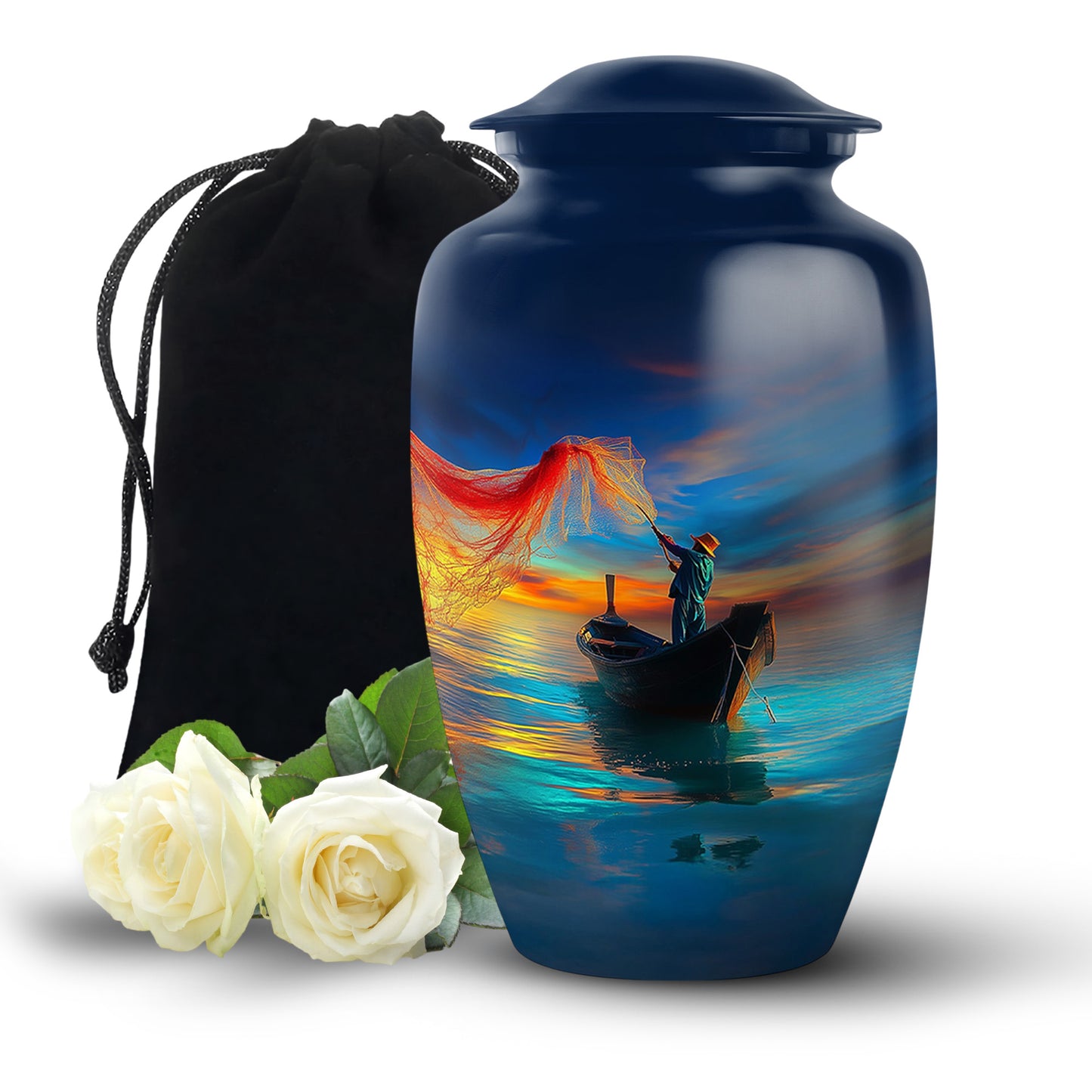 Icy Blue Fishing Cremation Urn angled view of lid and engraved motif - classic sculpted fishing pattern on smooth aluminum - full-size 10 inch 200 cubic inch adult cremation urn