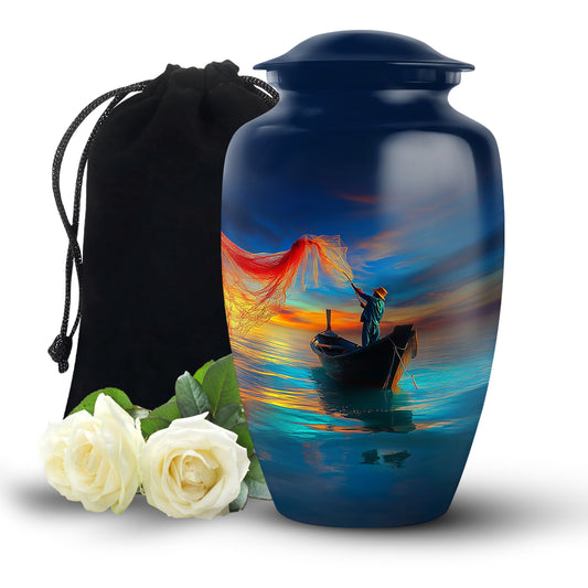 Icy Blue Fishing Cremation Urn angled view of lid and engraved motif - classic sculpted fishing pattern on smooth aluminum - full-size 10 inch 200 cubic inch adult cremation urn