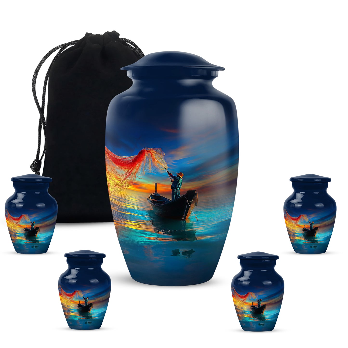 Sapphire Blue Fishing Cremation Urn top-down view of secure threaded lid - elegant classic fishing relief with fine detailing - memorial set with one large and four small urns