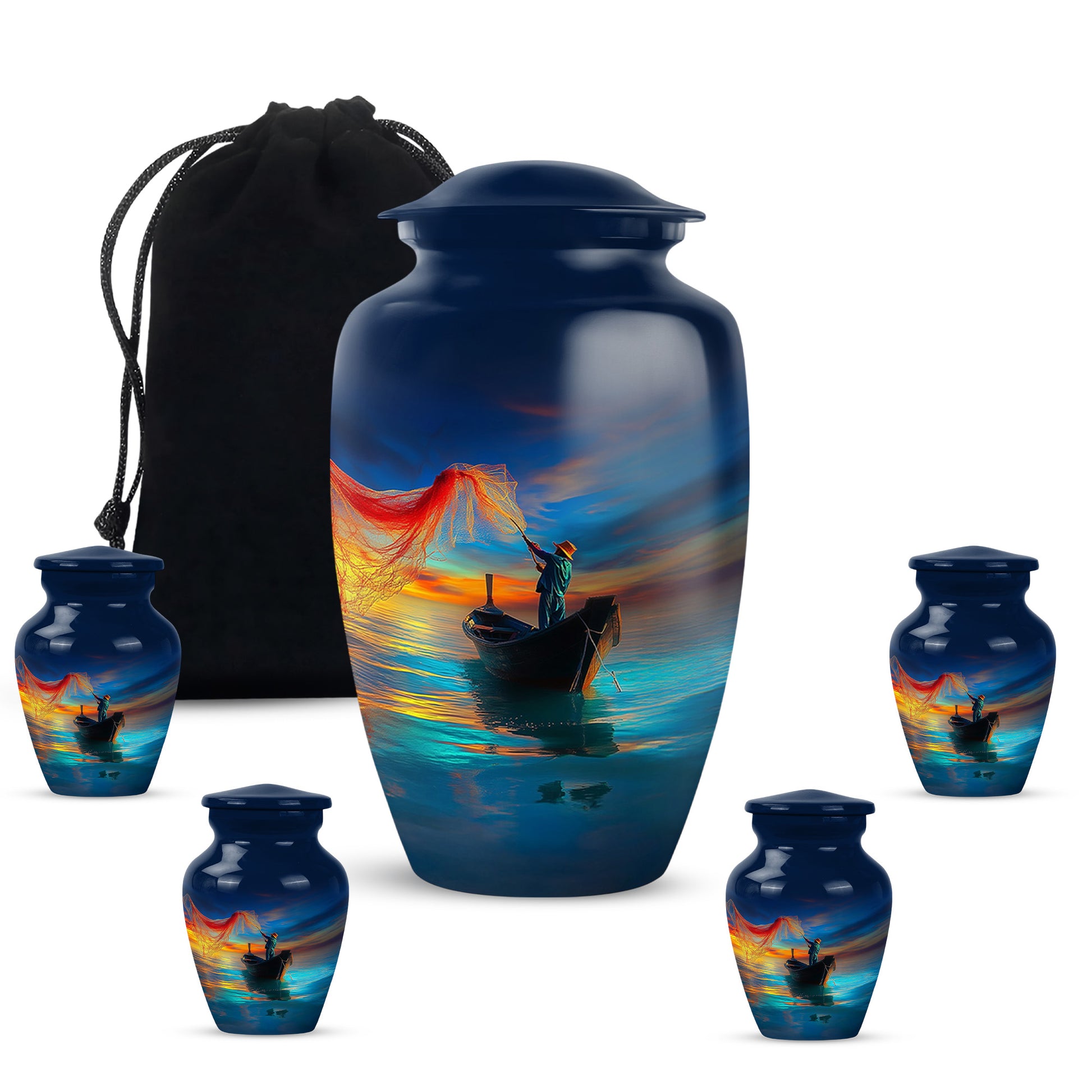Sapphire Blue Fishing Cremation Urn top-down view of secure threaded lid - elegant classic fishing relief with fine detailing - memorial set with one large and four small urns