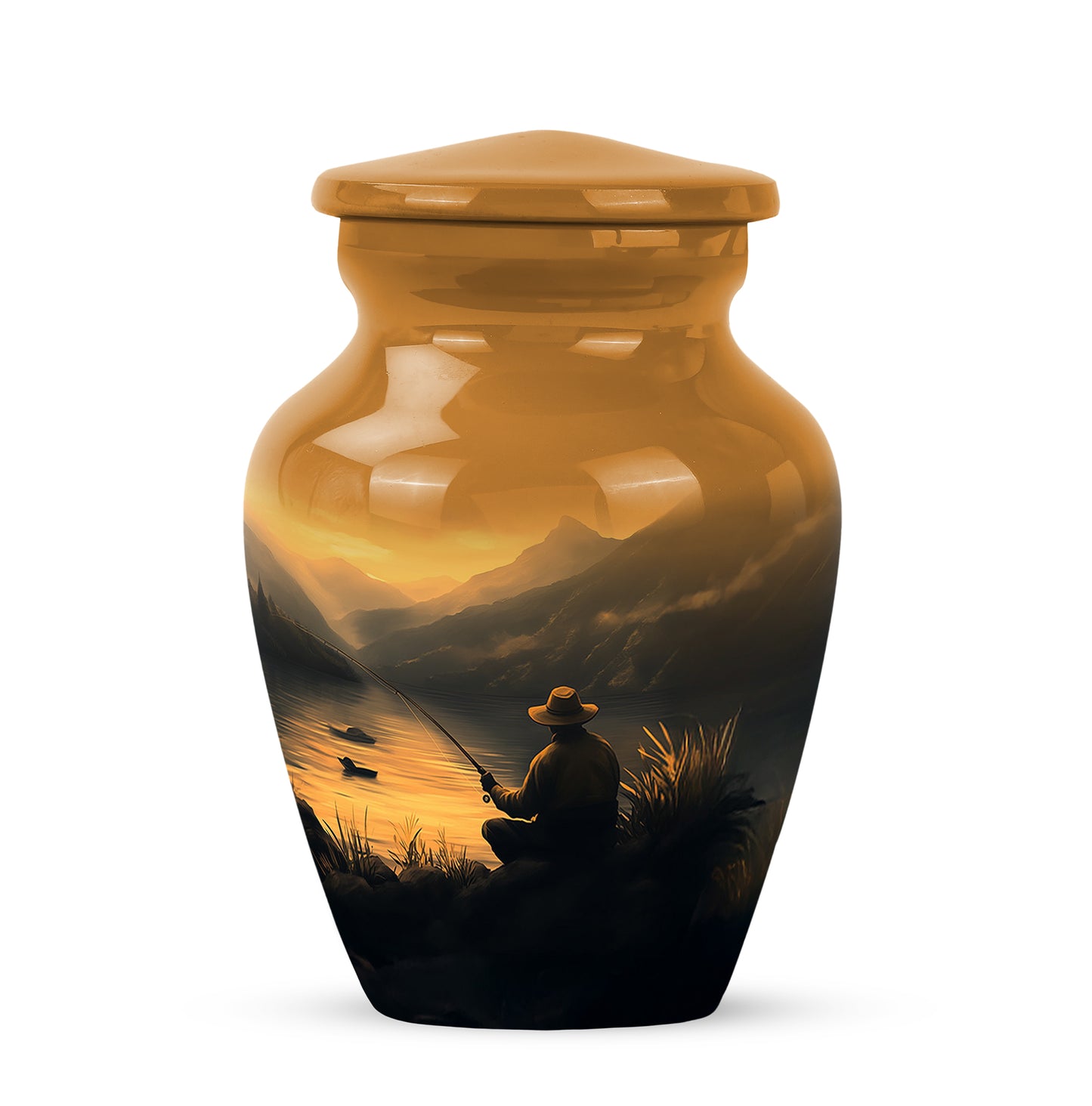 Gold Fishing Remembrance Cremation Urns for Human Ashes - 10-inch, 200 cu in - Yatskia