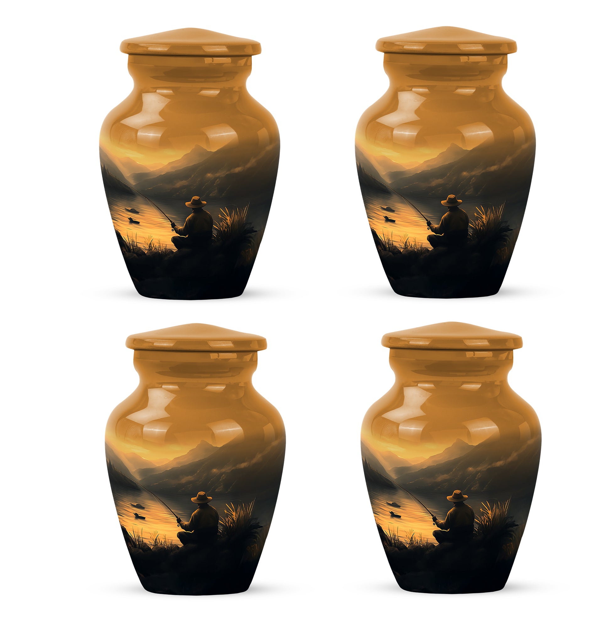 Sunrise Gold Fishing Cremation Urn side profile showing urn shape - timeless fishing motif etched into premium metal - 10 inch aluminum urn for cremated remains
